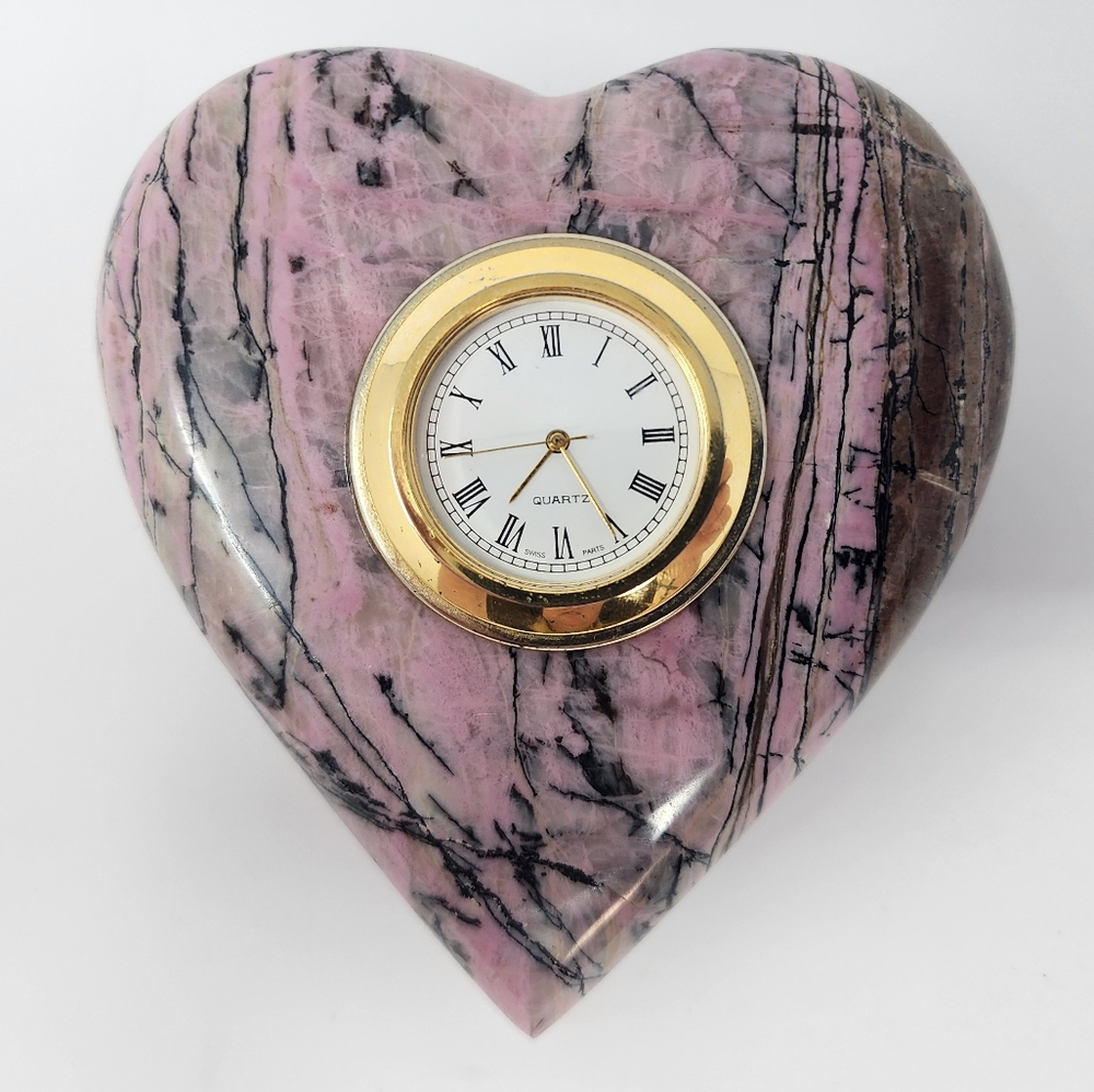 Vintage Pink Heart Shaped Stone Tabletop Clock - Picture 3 of 10